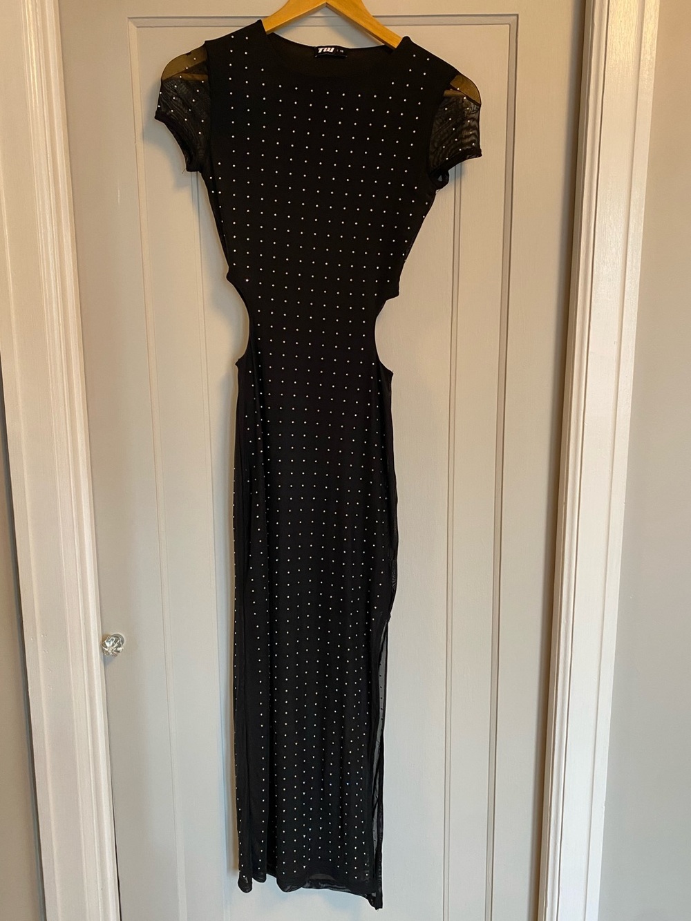 NWOT Black Studded Sparkle Cutout Maxi Dress Size XS Evening Gown Side Slit Prom